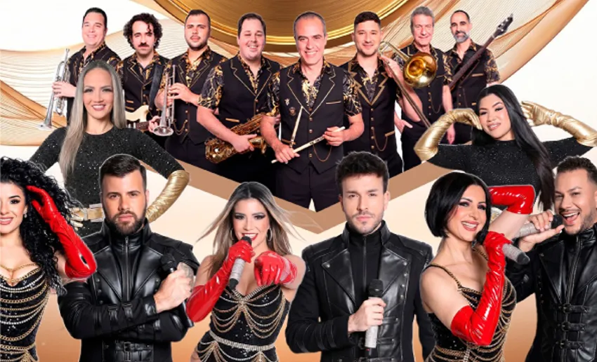 cartel con todos los integrantes de la orquesta vestidos de color plateado